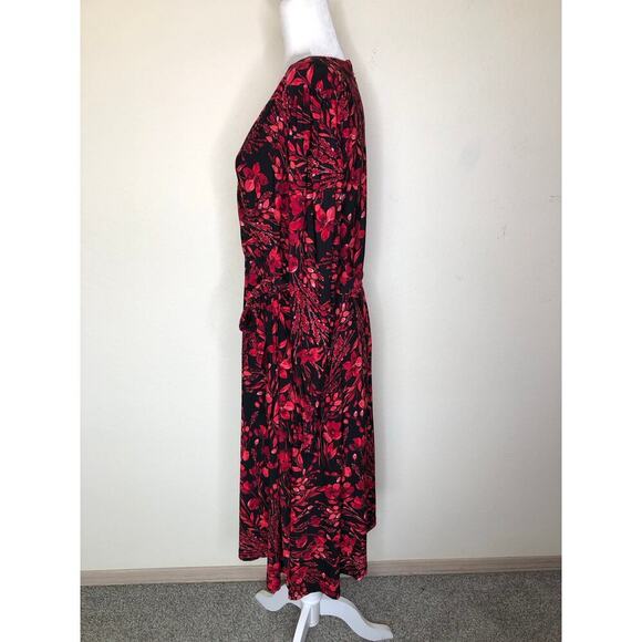 Tommy Hilfiger Long‎ Sleeve Midi Dress Faux Wrap V-neck Floral Red Black Elegant - Picture 14 of 16
